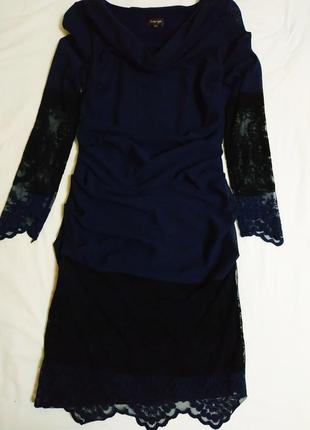 Нарядное кружевное сине-черное платье миди 44-46 размер