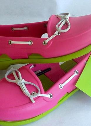 Женские топсайдеры crocs beach line boat shoe pink green2 фото