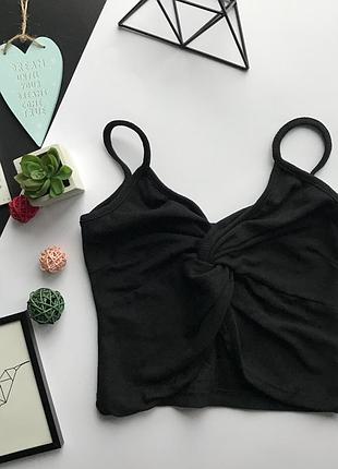 Стильный чёрный топ в рубчик на тонких бретельках/ чёрный топ с завязкой