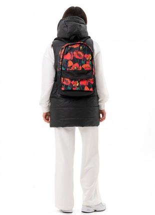 Рюкзак жіночий міський зі щільної тканини оксфорд чорний принт квіти червоні маки квітковий5 фото