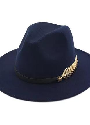 Стильная  фетровая шляпа федора с пером темно-синий 56-58р (934)1 фото
