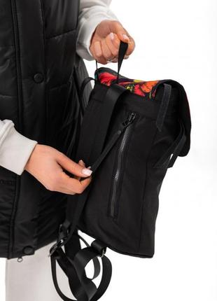 Рюкзак женский городской  маленький компактный черный с рисунком красные маки2 фото