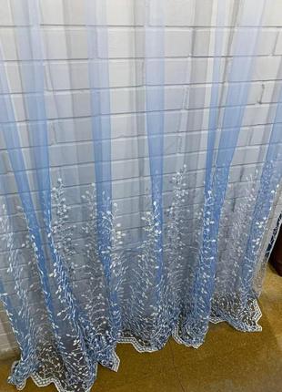 Готовий синій тюль (фіранка) фатін сітка з вишивкою, омбре градієнт для спальні, вітальні.6 фото