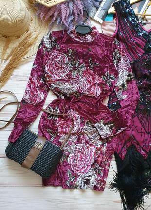 Оксамитова велюрова квіткова приталена сукня плаття з рукавами10 фото