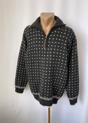 Шерстяной свитер теплый с горлом на молнии patrol 100% шерсть темно серый орнамент