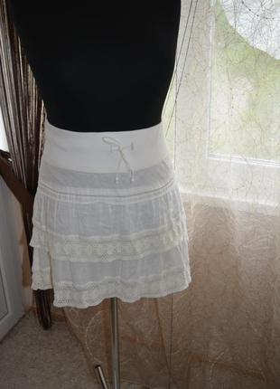 Натуральная летняя батистовая юбка на кокетке, прошва, кружево, волан, ламбада