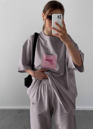 Костюм спортивний жіночий мокко однотонний оверсайз футболка з принтом штани джогери на високій посадці якісний стильний2 фото