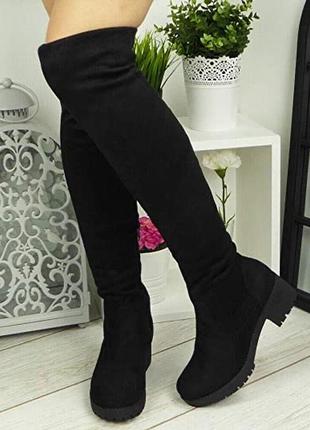 New look високі боти за коліно ботфорти чорні штучна замша низькі каблуки5 фото