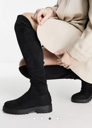 New look високі боти за коліно ботфорти чорні штучна замша низькі каблуки1 фото