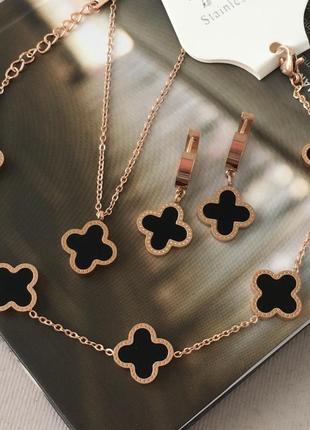 Женский комплект с черным клевером и медицинского золота stainless steel, позолоченный
