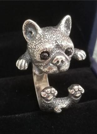 Стильное кольцо с собачкой с чернением, кольцо "собачка", колечко, подарок, украшение, серебро