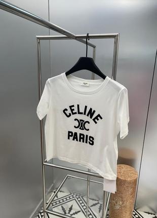 Жіноча текстильна біла футболка celine paris з чорним логотипом селін