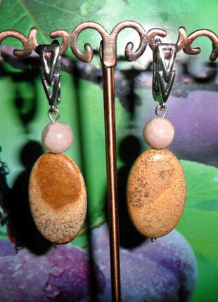 Сережки з натуральною пейзажною пісочною яшмою та геліолітом, сережки з натурального каменю, пісочна яшма, handmade