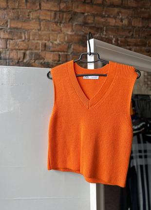 Zara women's sleeveless orange ribbed knit vest женская безрукавка, жилетка1 фото