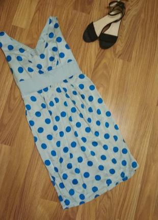 Шикарное шёлковое платье серебристое в крупный синий горошек