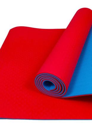 Килимок для йоги та фітнесу easyfit tpe+tc 6мм двошаровий червоний-блакитний
