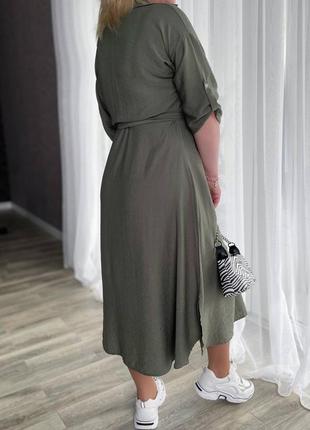 Сукня жіноча довга міді батал базова чорна біла синя зелена хакі коричнева бежева весняна на весну з поясом льняна лляна2 фото
