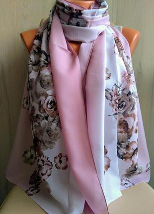 Нежный шифоновый турецкий шарф палантин весное лето, розовый белый с цветами, в цветах2 фото