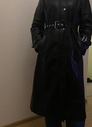 Женский черный кожаный тренч, жіночий шкіряний плащ, пальто оригинал zara6 фото