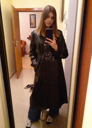 Женский черный кожаный тренч, жіночий шкіряний плащ, пальто оригинал zara4 фото