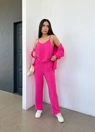 Костюм тройка брючный летний малиновый синий серый бежевый коричневый брюки штаны широкие прямые палаццо кроп топ майка рубашка кофта кардиган