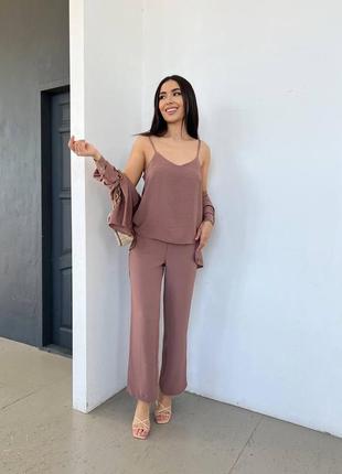 Костюм тройка брючный летний малиновый синий серый бежевый коричневый брюки штаны широкие прямые палаццо кроп топ майка рубашка кофта кардиган