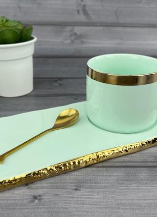 Керамическая чашка с блюдцем gold edge мятная