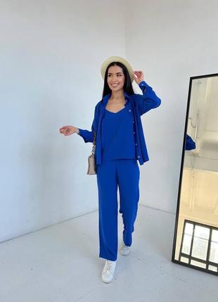 Костюм тройка брючный летний малиновый синий серый бежевый коричневый брюки штаны широкие прямые палаццо кроп топ майка рубашка кофта кардиган