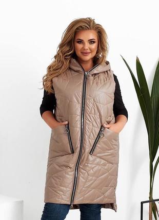 Жилетка стеганая весенняя с капюшоном большого размера батал чёрная коричневая  мокко хаки зеленая серая свободная длинная удлиненная с карманами