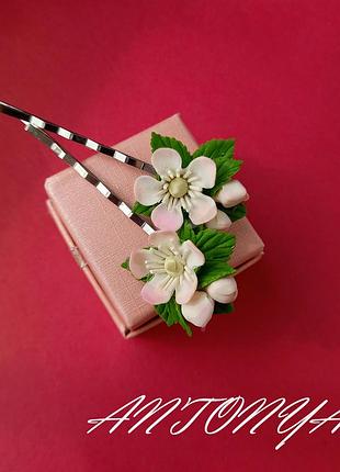 Заколка квіти вишні,невидимка з квітами,невидимка квіти вишні