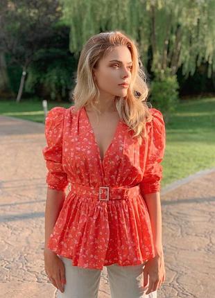 Эффектная натуральная блуза с поясом на запах и объемными плечами из новой коллекции zara