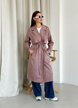 Мокко жіночий модний демісезонний довгий тренч із котону з поясом на запах весна/осінь