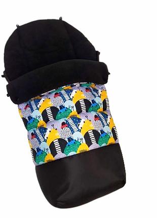 Футмуф от mamalook, зимний чехол на ножки, зимний конверт в коляску, черный, принт премиум "машины на холмах"