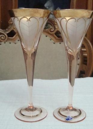 Шикарные бокалы фужеры набор 2 шт цветной хрусталь богемия чехословакия №10461 фото
