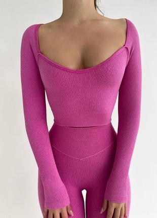 Ефектний рожевий фітнес/спортивний костюм/комплект в рубчик (рашгард + лосіни з пуш-ап ефектом)4 фото