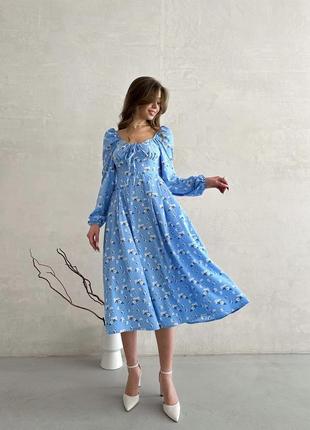 Женское голубое легкое свободное платье миди в цветочный принт с длинным рукавом с м л хл 44 46 48 50 s m l xl