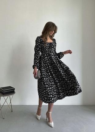 Женское черное легкое свободное платье миди в цветочный принт с длинным рукавом с м л хл 44 46 48 50 s m l xl3 фото