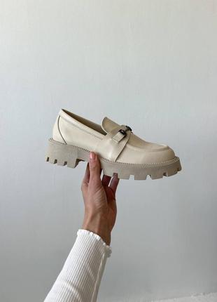 Кожаные лоферы туфли броги натуральные массивные с цепочкой оксфорды на каблуке бежевые светлые zara2 фото