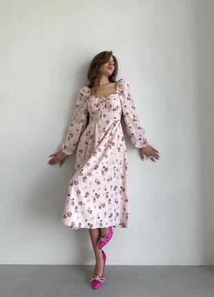 Жіноче рожеве пудрове легке вільне плаття міді кольору пудра в квітковий принт з довгим рукавом с м л хл 44 46 48 50 s m l xl