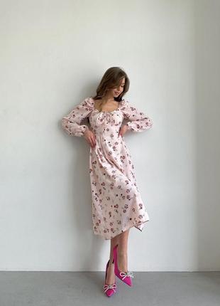 Женское розовое пудровое легкое свободное платье миди цвета пудра в цветочный принт с длинным рукавом с м л хл 44 46 48 50 s m l xl2 фото