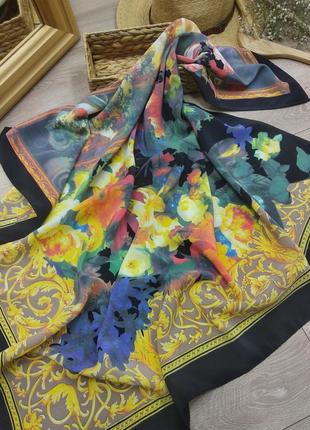 Велика шовкова хустина платок шарф шов рауль 100% шовк 86*83 см чорна в квітковий принт