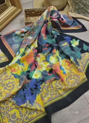 Большой шелковый платок шарф шов рауль 100% шелк 86*83 см черный в цветочный принт2 фото