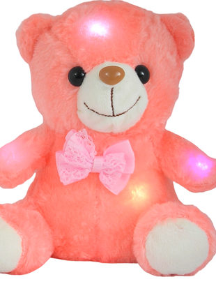 Ведмедик з підсвіткою рожевий м'який плюшевий із бантиком з led підсвіткою  ведмежатко світиться лед