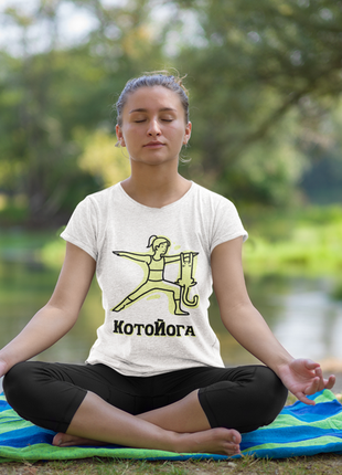 Футболка з принтом для занять йогою "yoga. йога. котойога. дівчина та кіт" push it