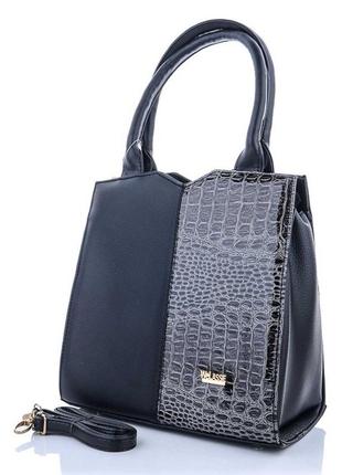 Классическая женская сумка черного цвета с серым крокодилом1 фото