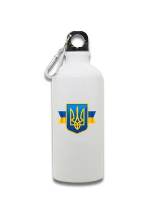 Фляга металева спортивна з карабіном герб україни та прапор біла 650 мл