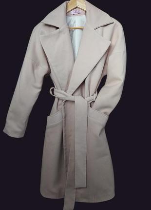 Теплое кашемировое пальто-халат молочного цвета, под пояс2 фото