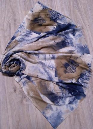 Турецкий шарф палантин весна осень, синий коричневый, в цветах