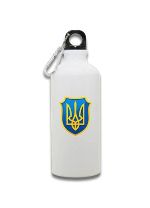 Фляга металева спортивна з карабіном щит із тризубом  біла 650 мл