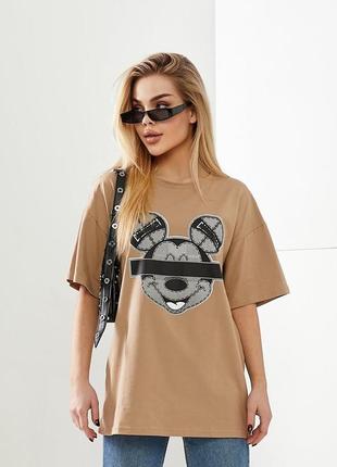 Стильная женская футболка oversize с накатом беж 42-48